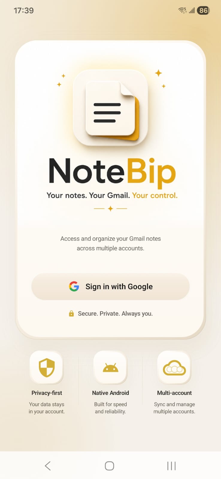NoteBip app open on an Android phone, showing notes kept after switching from iPhone